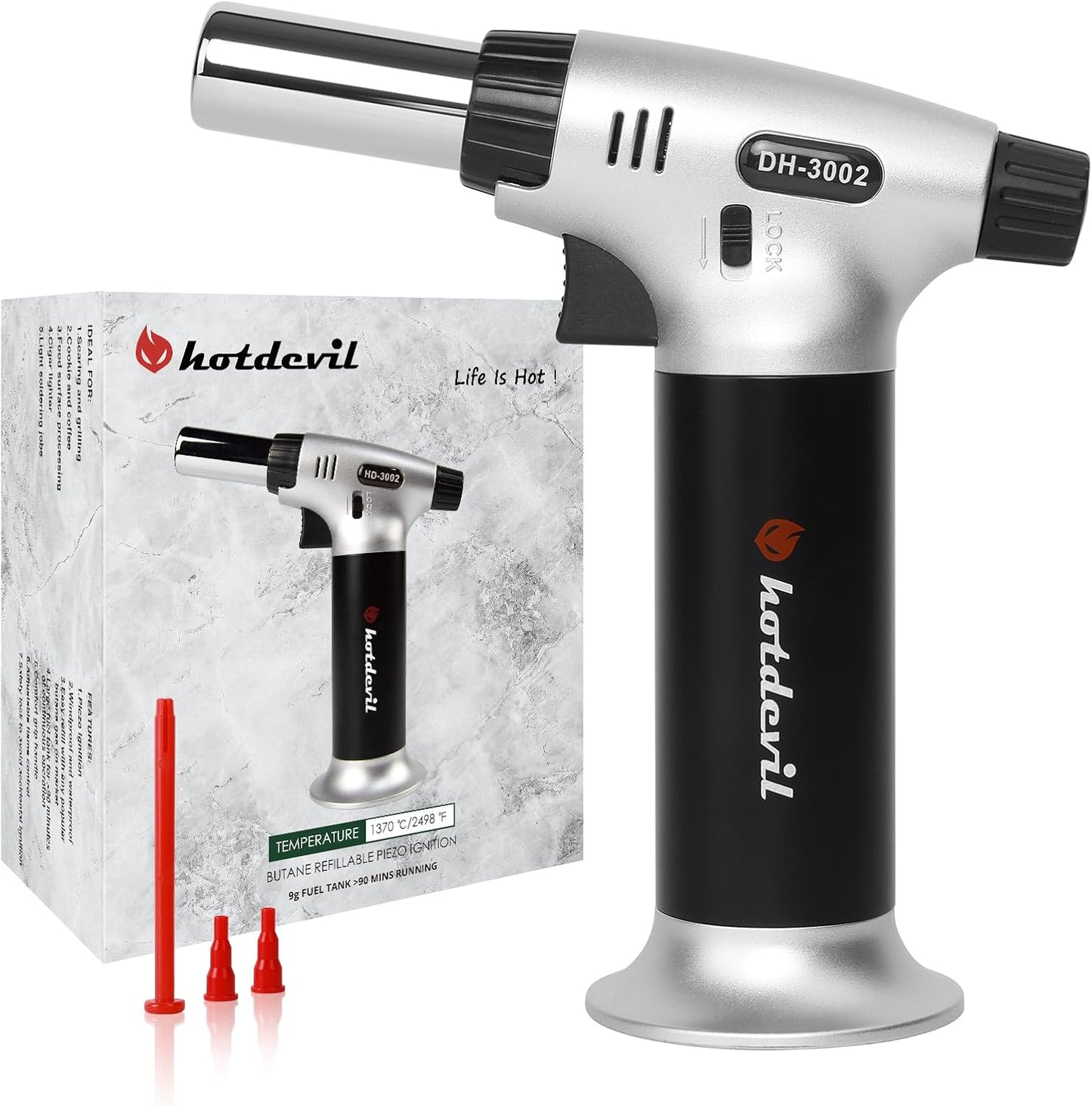 Butane Torch 9g Refillable Tank Kitchen Blow Torch Lighter/w Safety Lock Adjustable Flame Fit All Butane Cartridge Cooking Torch for BBQ Creme Brulee Dessert Baking (Butane Gas Not Include)