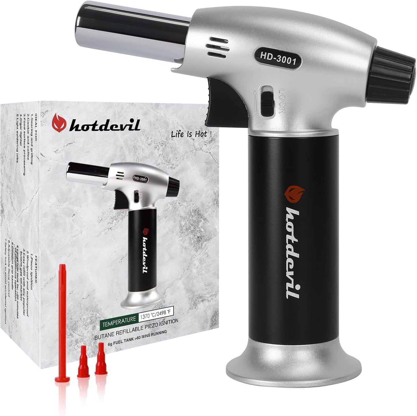 Butane Culinary Torch 6g Refillable Tank Cooking Kitchen Torch Lighter Fit All Butane Cartridge Blow Torch/w Safety Lock Adjustable Flame for BBQ Creme Brulee Dessert(Butane Gas Not Include)