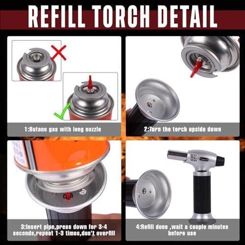 Butane Torch 10g Refillable Cooking Kitchen Torch Lighter Fit Butane Tanks Blow Torch with Safety Lock & Adjustable Flame for DIY Creme Brulee,Desserts and Baking(Butane Gas Not Included)
