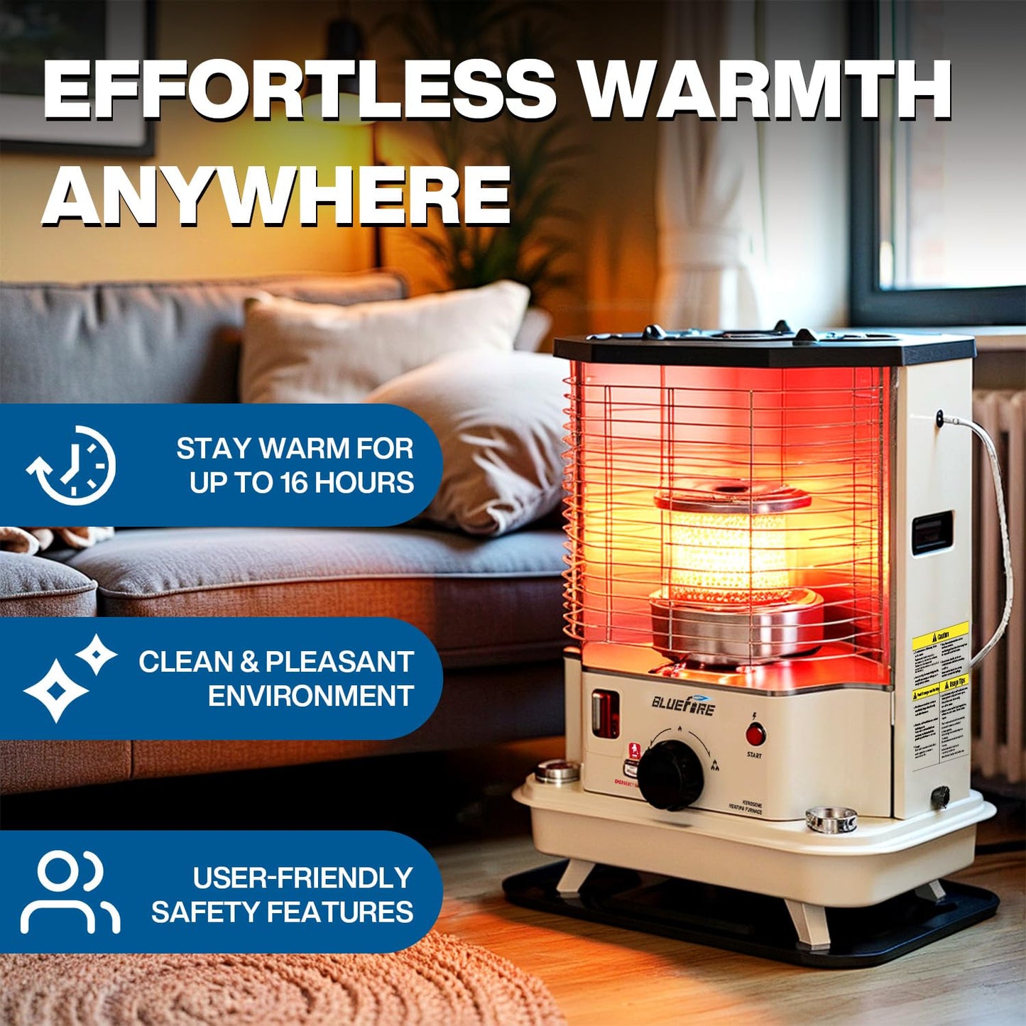 Bluefire Indoor & Outdoor Kerosene Radiant Heater,11000BTU,Dual-Use Cordless Space Heater for Home, Garage, Basement, and Camping,