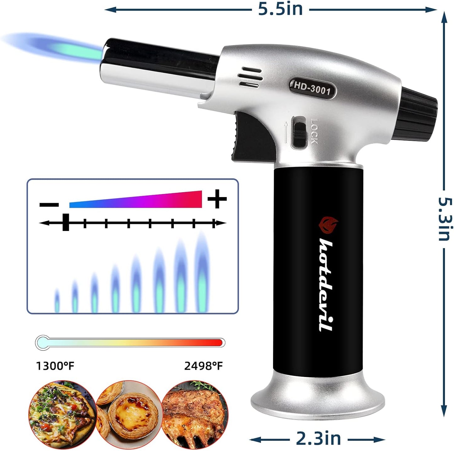 Butane Culinary Torch 6g Refillable Tank Cooking Kitchen Torch Lighter Fit All Butane Cartridge Blow Torch/w Safety Lock Adjustable Flame for BBQ Creme Brulee Dessert(Butane Gas Not Include)