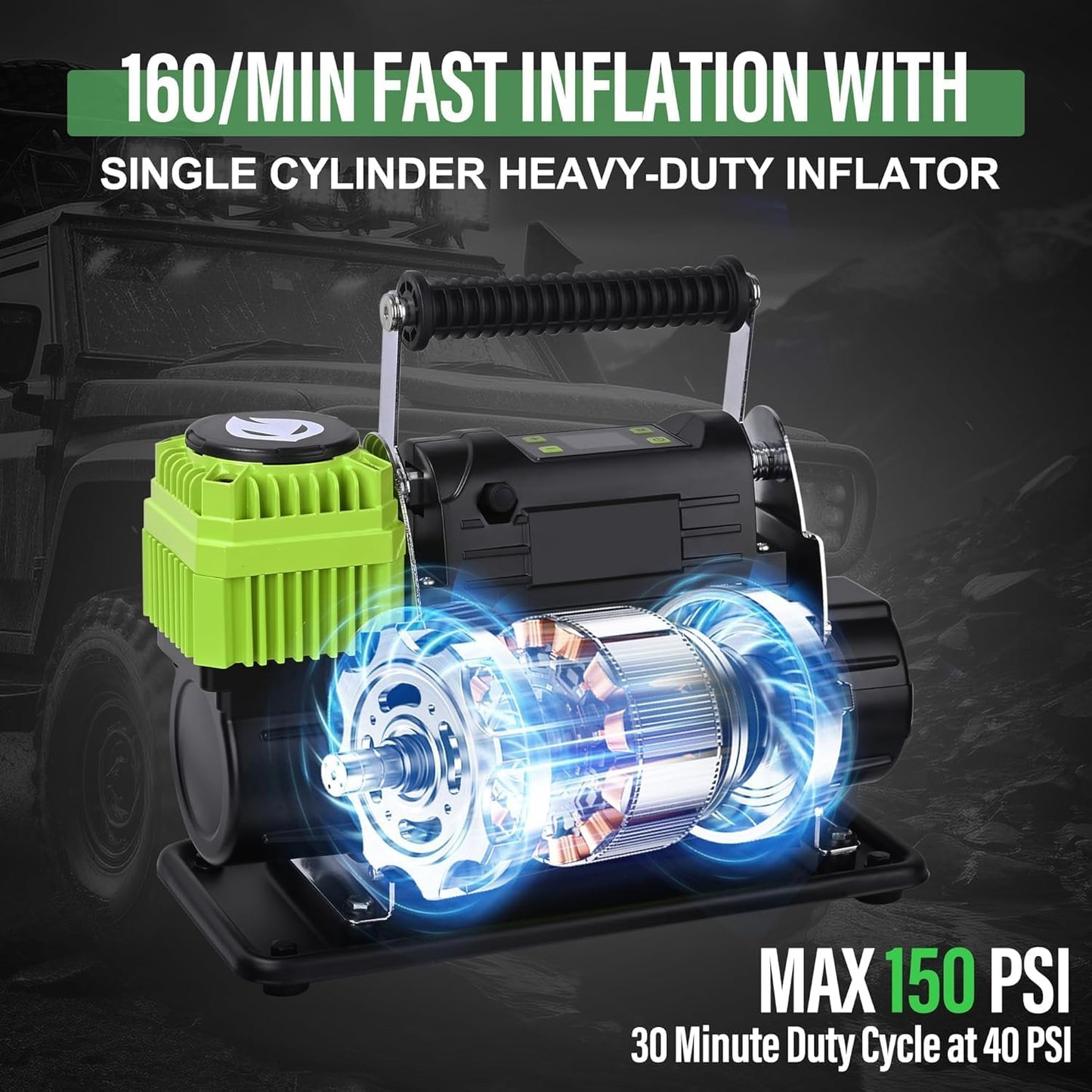 12V Digital Offroad Air Compressor Preset Target Pressure Auto Stop 150PSI Tire Inflator Portable Single Cylinder Heavy-Duty Air Pump for Trucks Car SUV 4x4 Vehicle RV Tires