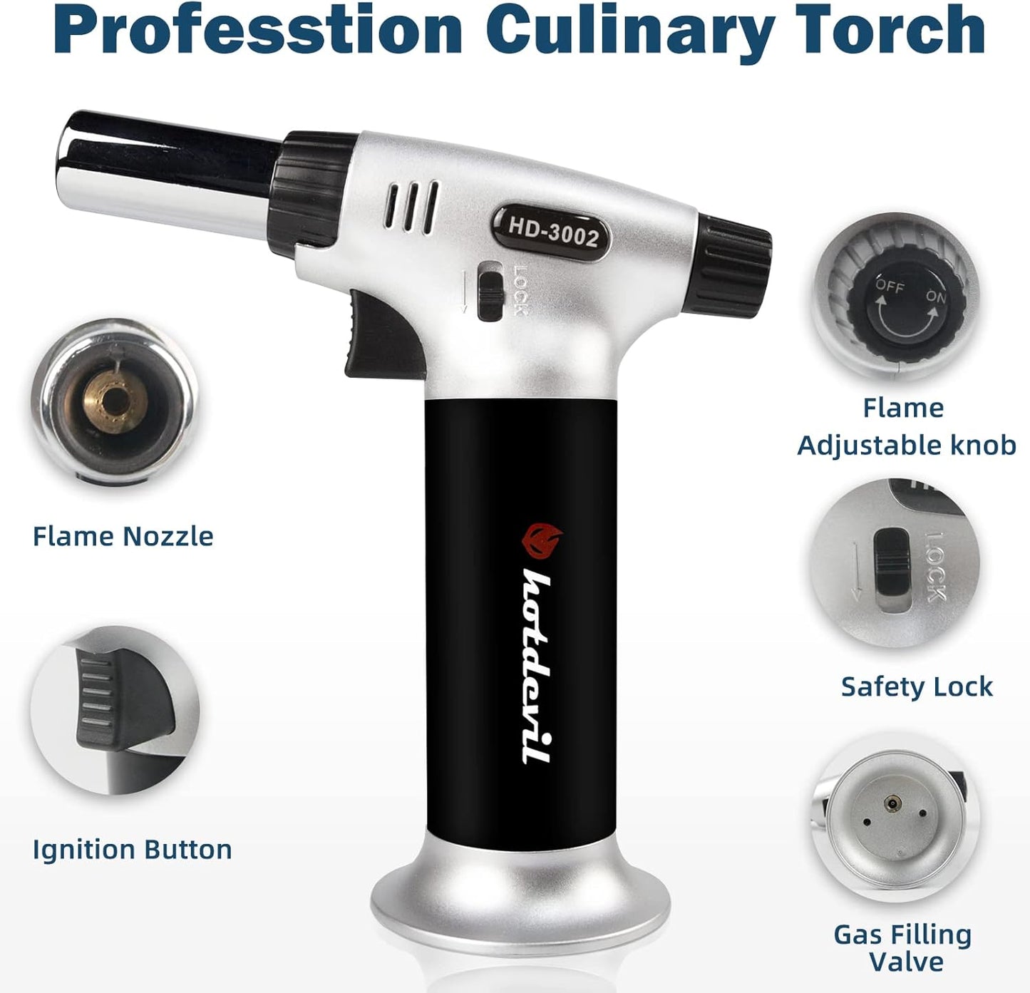 Butane Torch 9g Refillable Tank Kitchen Blow Torch Lighter/w Safety Lock Adjustable Flame Fit All Butane Cartridge Cooking Torch for BBQ Creme Brulee Dessert Baking (Butane Gas Not Include)
