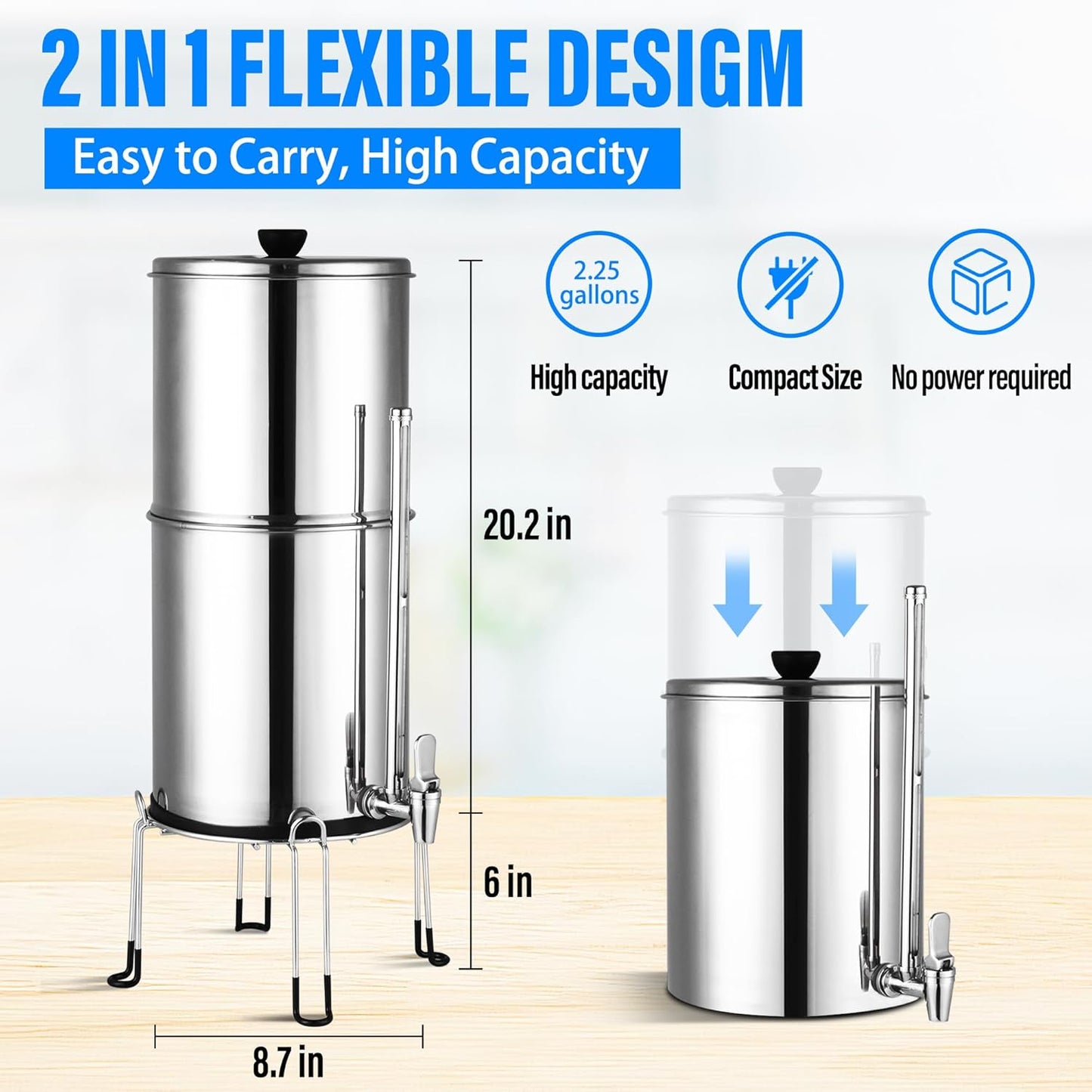 Gravity-Fed Water Filter System, 2.25 Gallon Stainless Steel Water Filtration System with 2 Black Carbon Filter and Stand for Home, Hiking and Camping Use