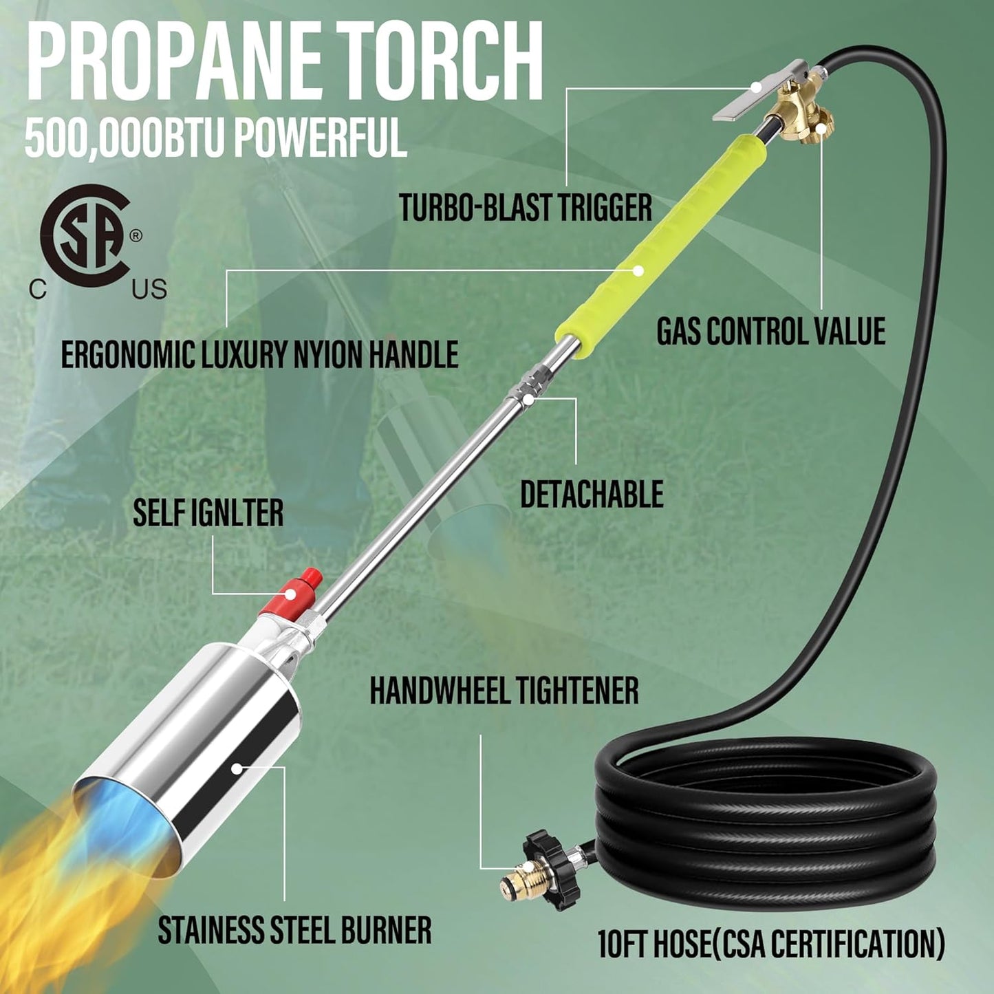 Propane Torch Weed Burner High Output Weed Burner Torch For Propane Tank with Self Igniter Blow Torch Turbo Trigger and 10FT Hose Flamethrower Weed Torch Propane Burner