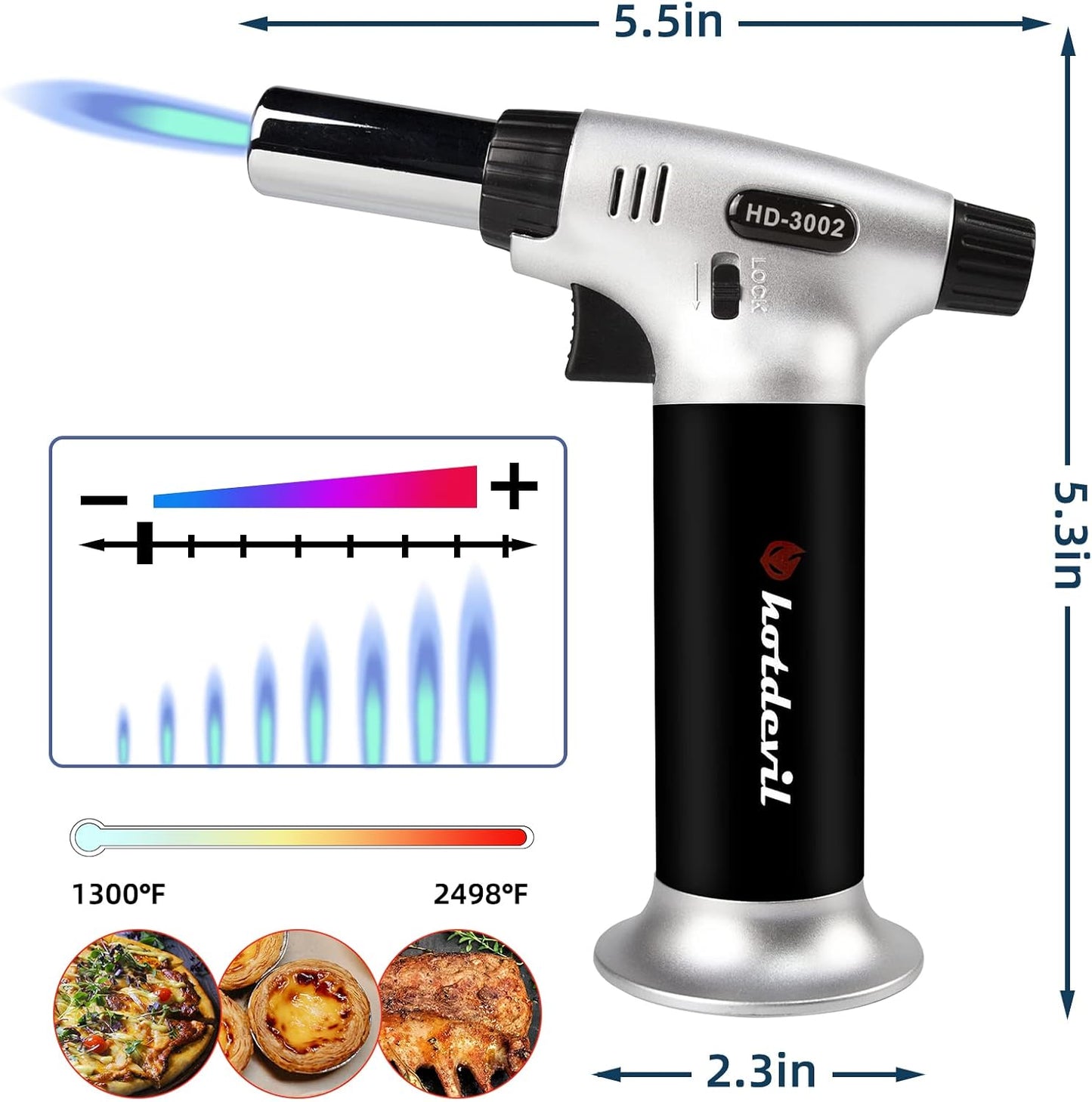 Butane Torch 9g Refillable Tank Kitchen Blow Torch Lighter/w Safety Lock Adjustable Flame Fit All Butane Cartridge Cooking Torch for BBQ Creme Brulee Dessert Baking (Butane Gas Not Include)