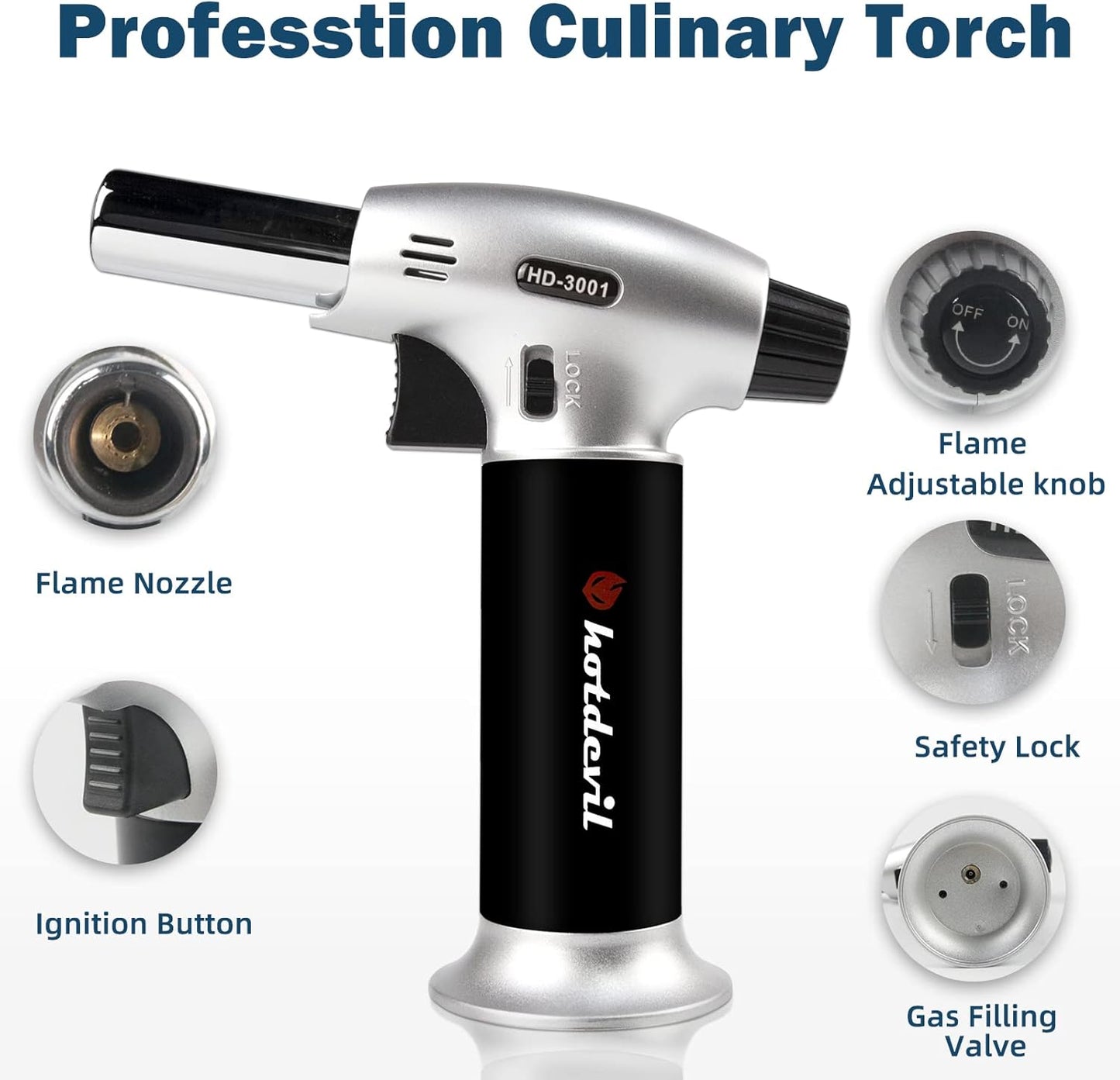 Butane Culinary Torch 6g Refillable Tank Cooking Kitchen Torch Lighter Fit All Butane Cartridge Blow Torch/w Safety Lock Adjustable Flame for BBQ Creme Brulee Dessert(Butane Gas Not Include)