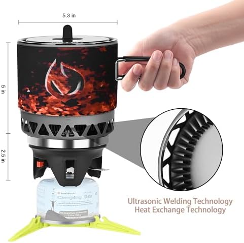 1.2L Backpacking Camping Stove Cooking System with Piezo Ignition, Outdoor Portable Burner with Pot & Brackets Camp Stove Camping Stove Kit Propane, Ideal for Hiking Fishing Hunting