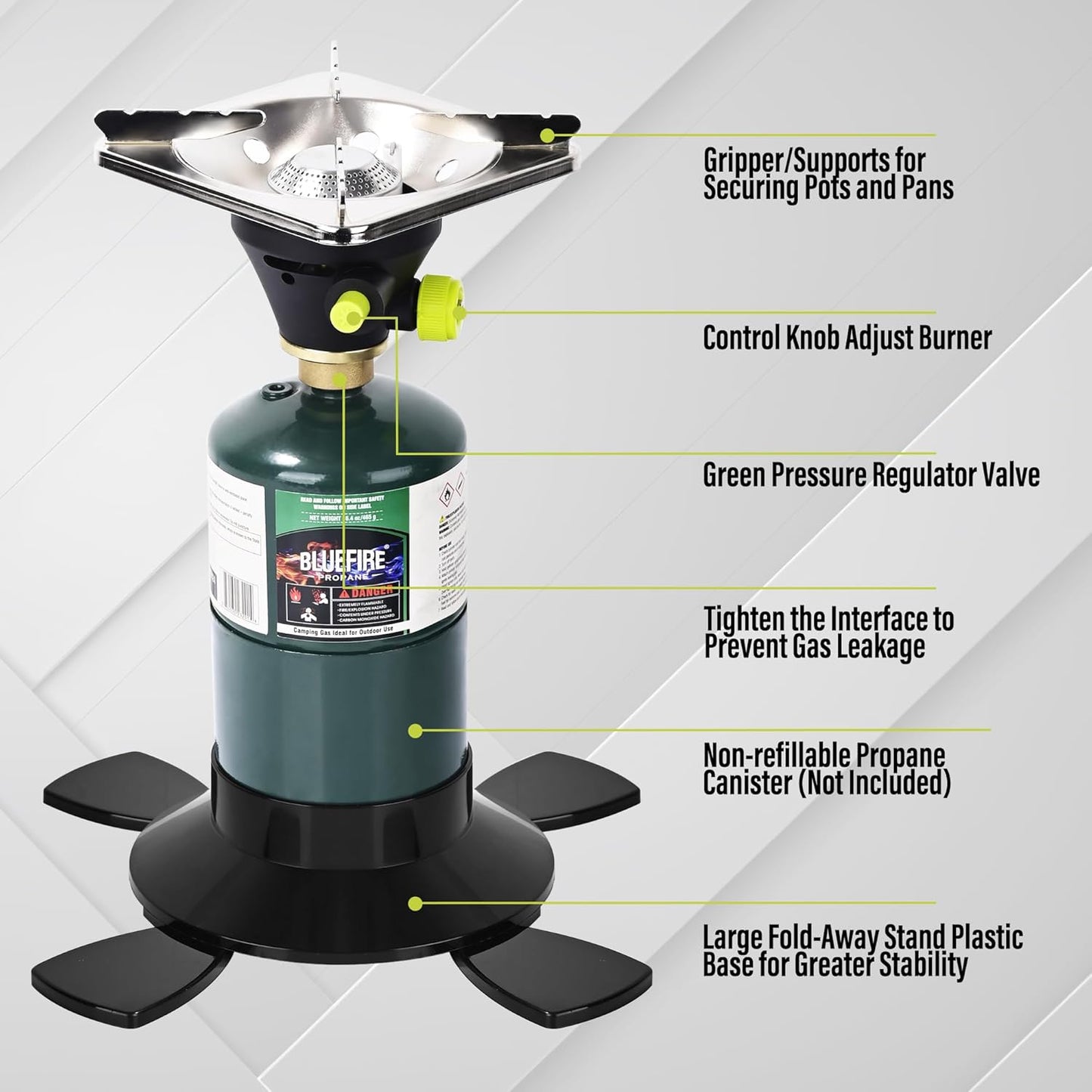 Bottletop Propane Camping Stove with Gas Cylinder Base Lightweight Propane and MAPP Gas Camping Stove with Instant Ignition for Hiking Backpacking and Outdoor Cooking Ultra-Portable Durable Camp Stove