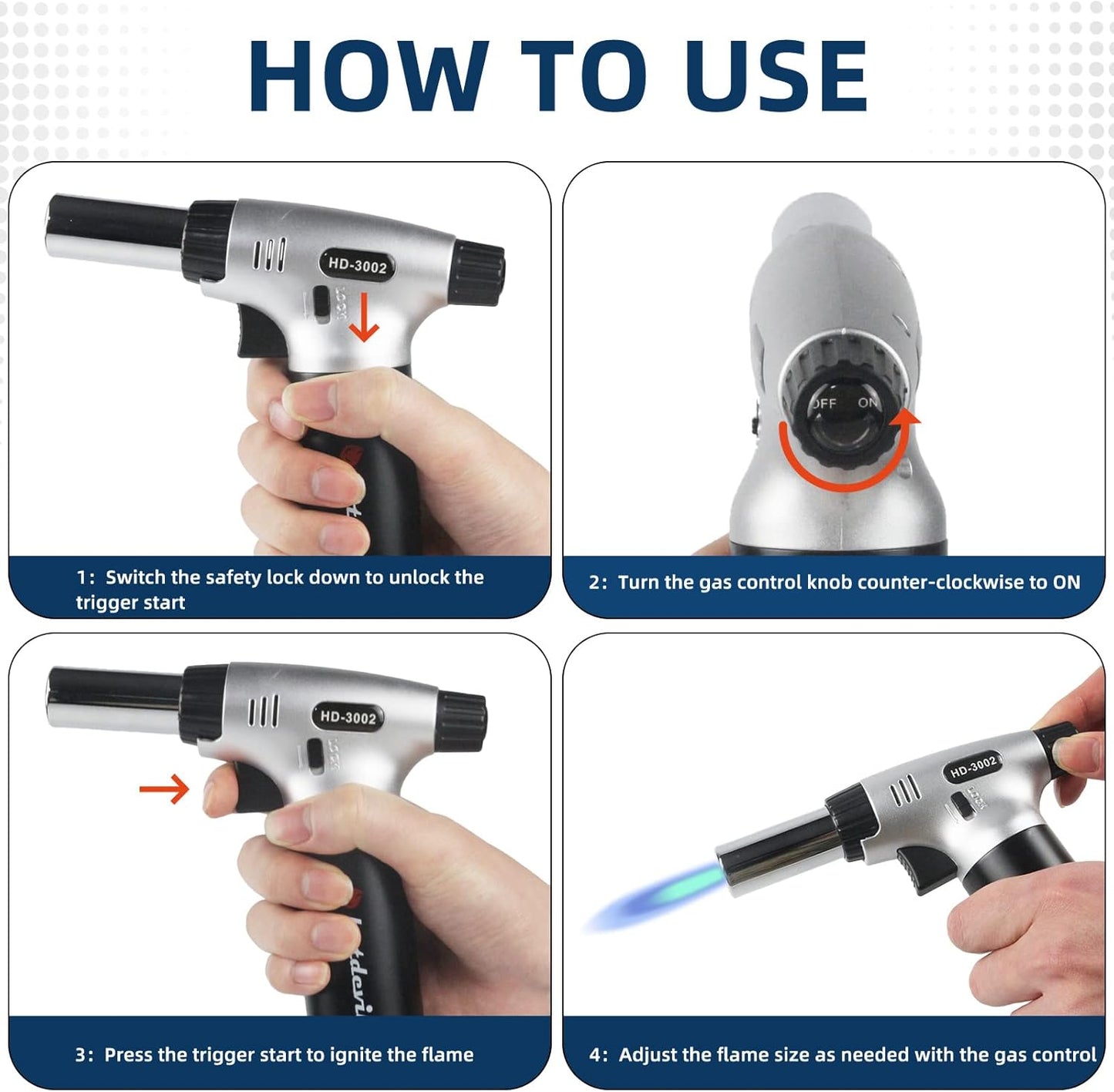 Butane Torch 9g Refillable Tank Kitchen Blow Torch Lighter/w Safety Lock Adjustable Flame Fit All Butane Cartridge Cooking Torch for BBQ Creme Brulee Dessert Baking (Butane Gas Not Include)