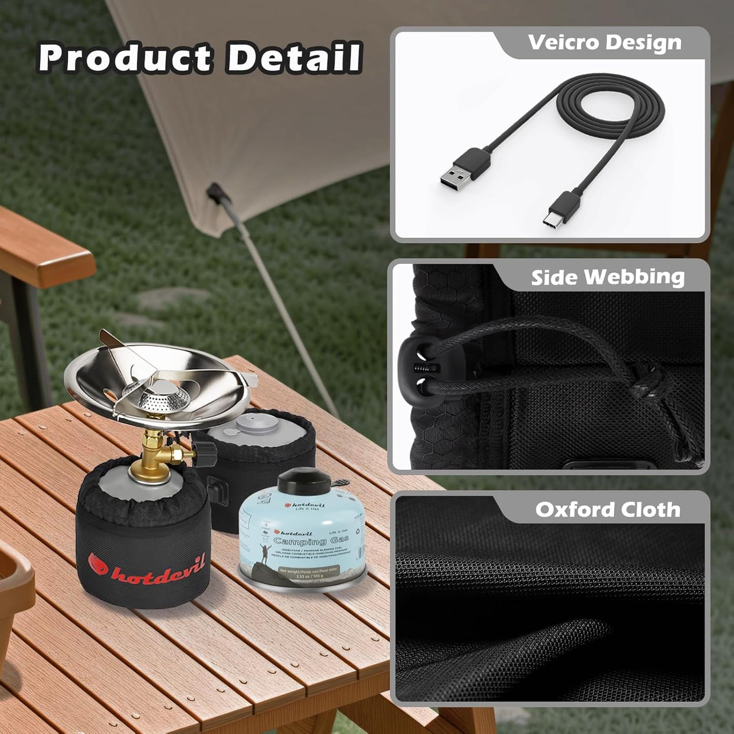 Isobutane fuel canister storage bag Suitable for 100g fuel tanks Electrically heated Type-C 5V 2A Temperature rise up to 50°C and constant temperature for Outdoor Camping Cooking Hiking BBQ
