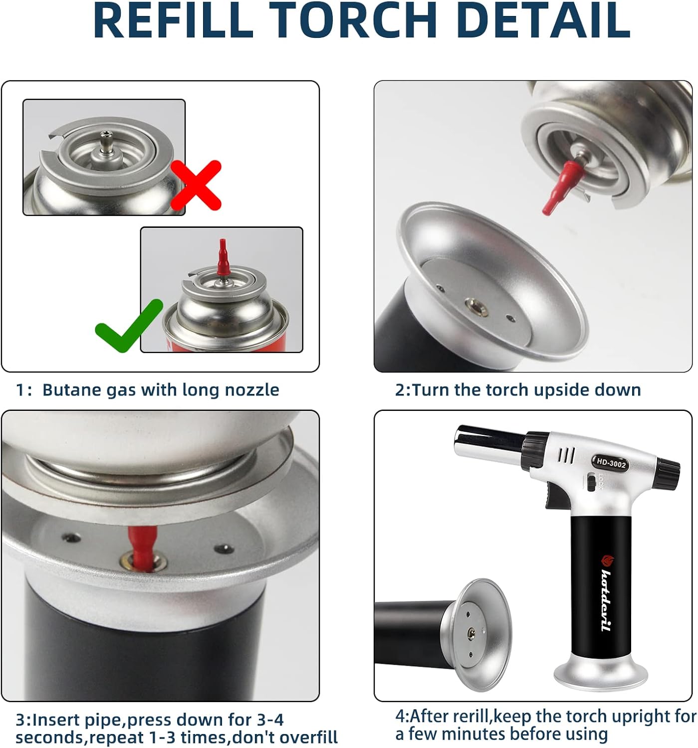 Butane Torch 9g Refillable Tank Kitchen Blow Torch Lighter/w Safety Lock Adjustable Flame Fit All Butane Cartridge Cooking Torch for BBQ Creme Brulee Dessert Baking (Butane Gas Not Include)