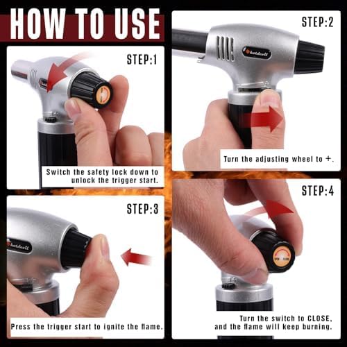 Butane Torch 10g Refillable Cooking Kitchen Torch Lighter Fit Butane Tanks Blow Torch with Safety Lock & Adjustable Flame for DIY Creme Brulee,Desserts and Baking(Butane Gas Not Included)