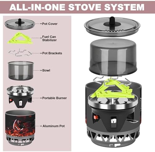 1.2L Backpacking Camping Stove Cooking System with Piezo Ignition, Outdoor Portable Burner with Pot & Brackets Camp Stove Camping Stove Kit Propane, Ideal for Hiking Fishing Hunting