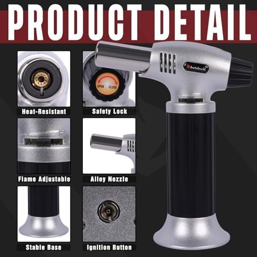 Butane Torch 10g Refillable Cooking Kitchen Torch Lighter Fit Butane Tanks Blow Torch with Safety Lock & Adjustable Flame for DIY Creme Brulee,Desserts and Baking(Butane Gas Not Included)