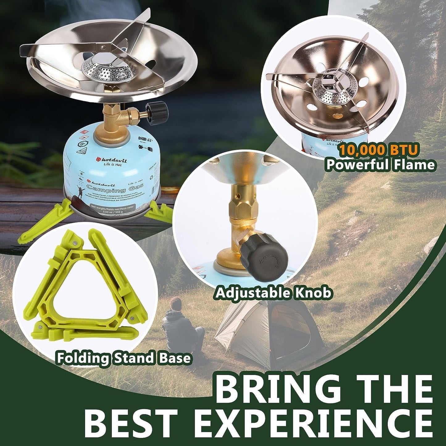 Portable Camping Stove Burner With Fuel Can Canister Stand equivalent to Bottletop Propane Camping Stove Single Burner Backpack Stove with Adjustable Stand