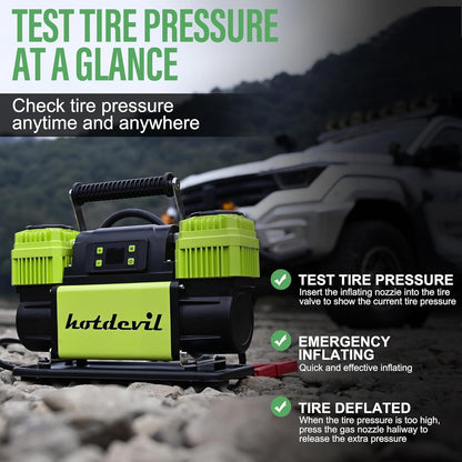 Portable Air Compressor 12V Dual Cylinder Portable Inflator 12.3 CFM with Digital Pressure Gauge, Auto Stop, Preset Target, and OffRoad Capability - Fast Inflation for Car, Truck, and SUV Tires