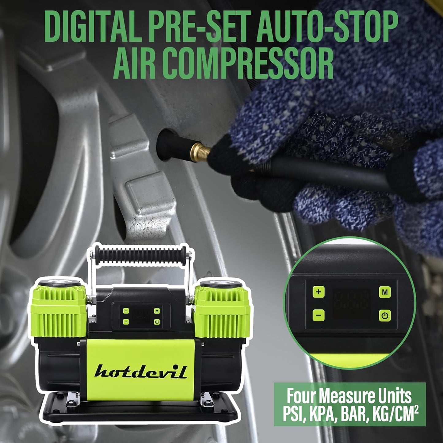 Portable Air Compressor 12V Dual Cylinder Portable Inflator 12.3 CFM with Digital Pressure Gauge, Auto Stop, Preset Target, and OffRoad Capability - Fast Inflation for Car, Truck, and SUV Tires