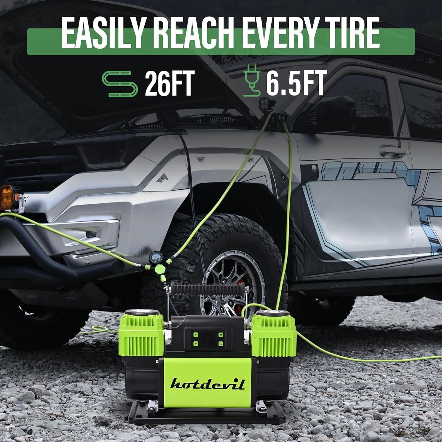 Portable Air Compressor 12V Dual Cylinder Portable Inflator 12.3 CFM with Digital Pressure Gauge, Auto Stop, Preset Target, and OffRoad Capability - Fast Inflation for Car, Truck, and SUV Tires