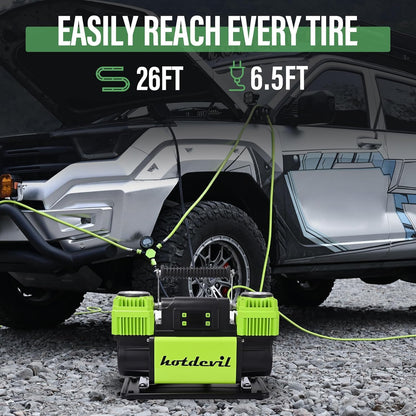 Portable Air Compressor 12V Dual Cylinder Portable Inflator 12.3 CFM with Digital Pressure Gauge, Auto Stop, Preset Target, and OffRoad Capability - Fast Inflation for Car, Truck, and SUV Tires