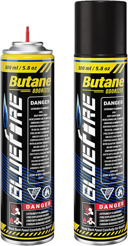 Bluefire Butane Fuel Refill 10.56 fl oz (300 ml) Canister with 5 Different Nozzle Adapters for Torch Lighter Butane Torch Kitchen Blow Torch
