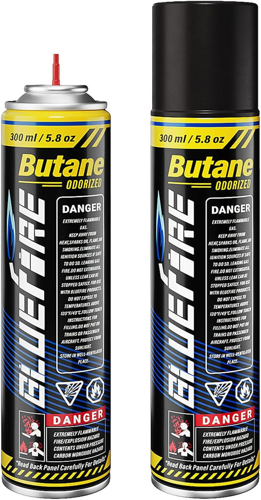 Bluefire Butane Fuel Refill 10.56 fl oz (300 ml) Canister with 5 Different Nozzle Adapters for Torch Lighter Butane Torch Kitchen Blow Torch