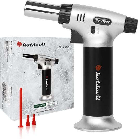 Butane Torch 9g Refillable Tank Kitchen Blow Torch Lighter/w Safety Lock Adjustable Flame Fit All Butane Cartridge Cooking Torch for BBQ Creme Brulee Dessert Baking (Butane Gas Not Include)