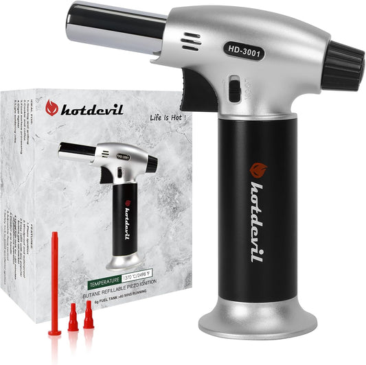 Butane Culinary Torch 6g Refillable Tank Cooking Kitchen Torch Lighter Fit All Butane Cartridge Blow Torch/w Safety Lock Adjustable Flame for BBQ Creme Brulee Dessert(Butane Gas Not Include)