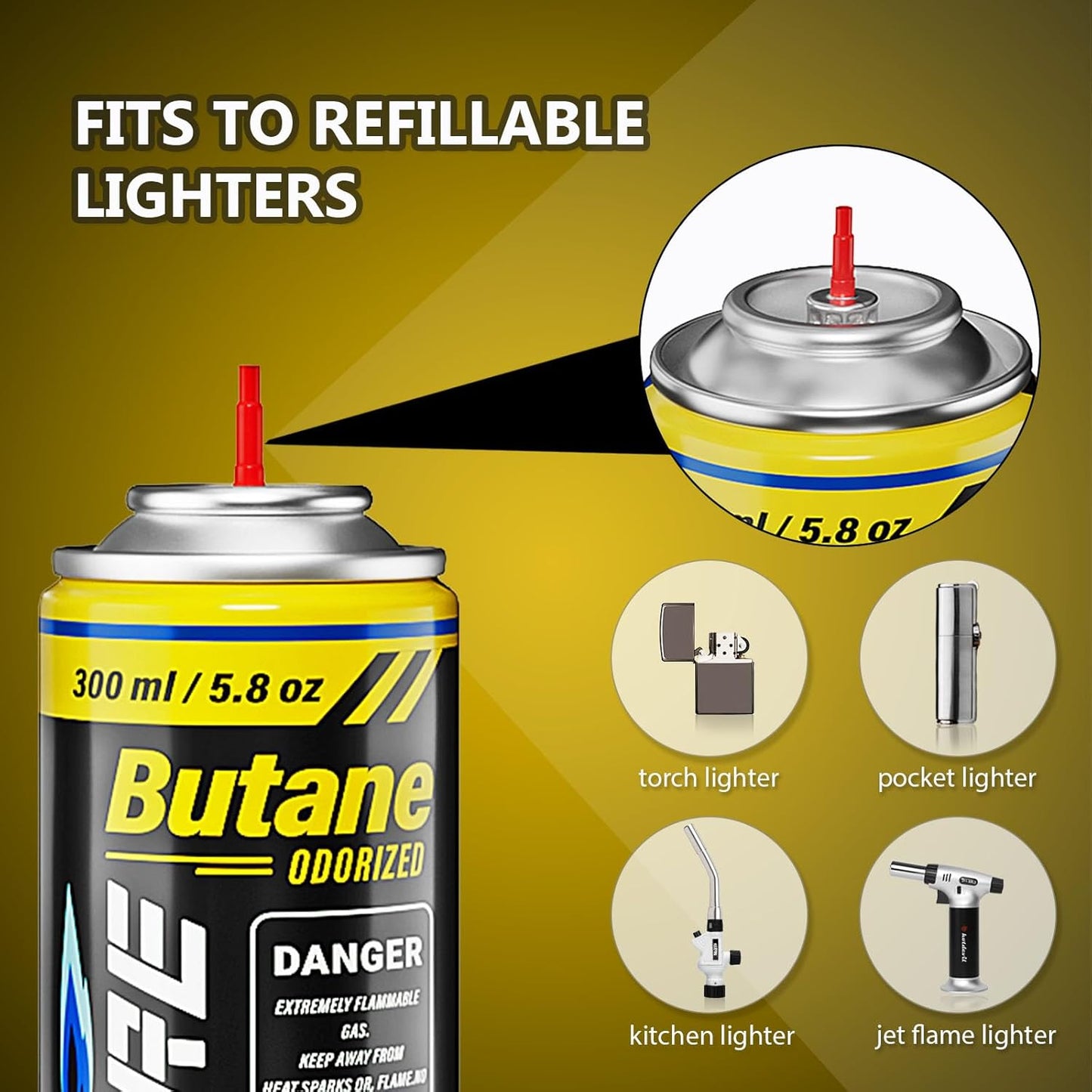 Bluefire Butane Fuel Refill 10.56 fl oz (300 ml) Canister with 5 Different Nozzle Adapters for Torch Lighter Butane Torch Kitchen Blow Torch
