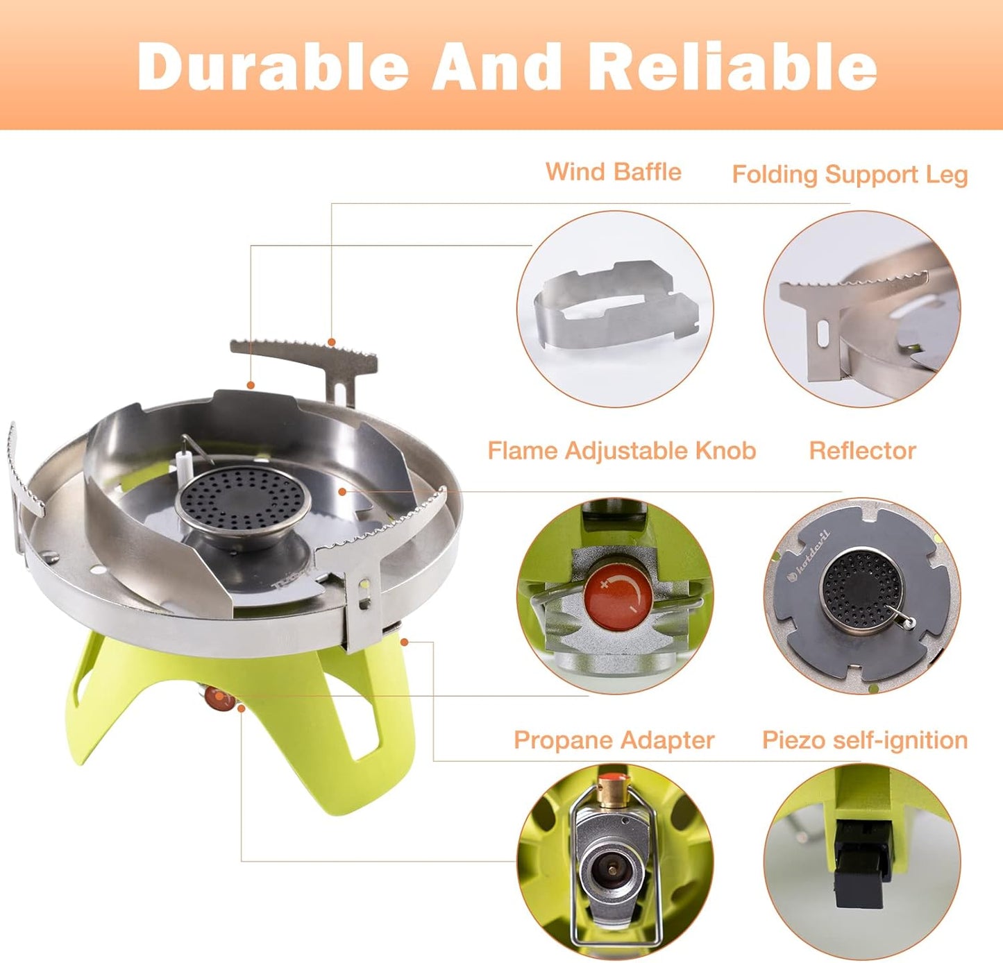 Bottletop Propane Camping Stove Portable 1-Burner Adjustable Stove with Wind Baffles Pressure Regulator equivalent to Gas One Great for Outdoor Hiking Cooking Backpacking camping，& More