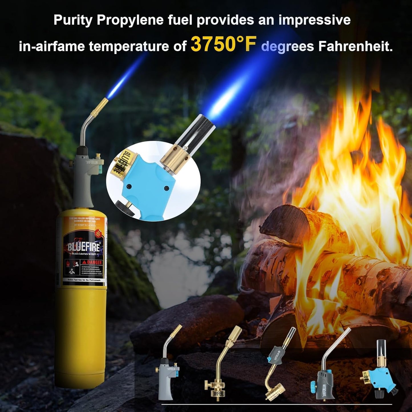 BLUEFIRE MAP MAPP Gas Torch Style Cylinder 14.1 oz 99.9% High Purity Propylene Equal To MAP-PRO Hotter than Propane Cooking MAP Gas to Broil Sous for Welding Brazing on Propane Torch (2, 3, 4 or 12 pack)
