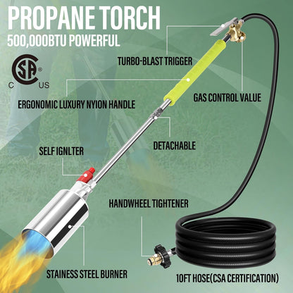 Propane Torch Weed Burner High Output Weed Burner Torch For Propane Tank with Self Igniter Blow Torch Turbo Trigger and 10FT Hose Flamethrower Weed Torch Propane Burner