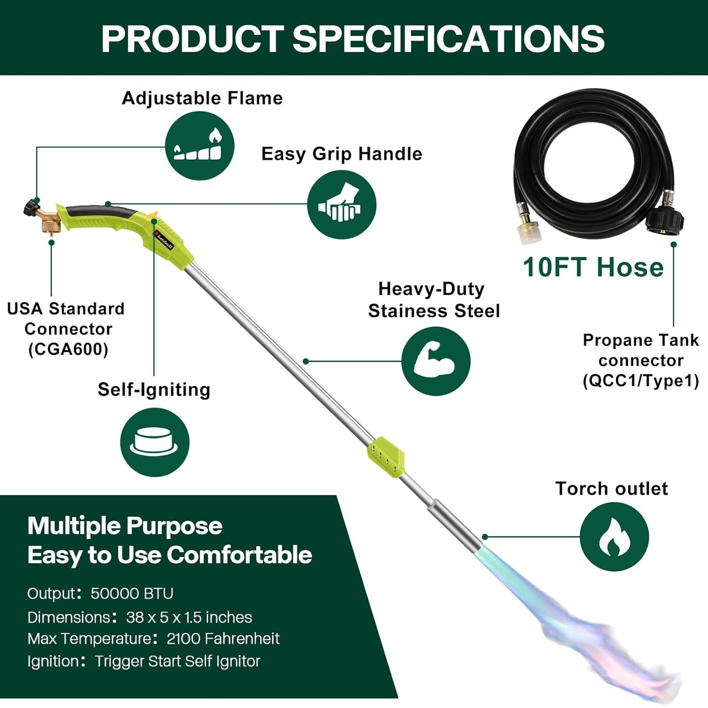 Propane Torch Weed Burner Torch Blow Torch with 10FT Hose Self Ignition Portable Flamethrower Propane Weed Torch for Weeds Burning, Snow Melting, Roof Road Repairing