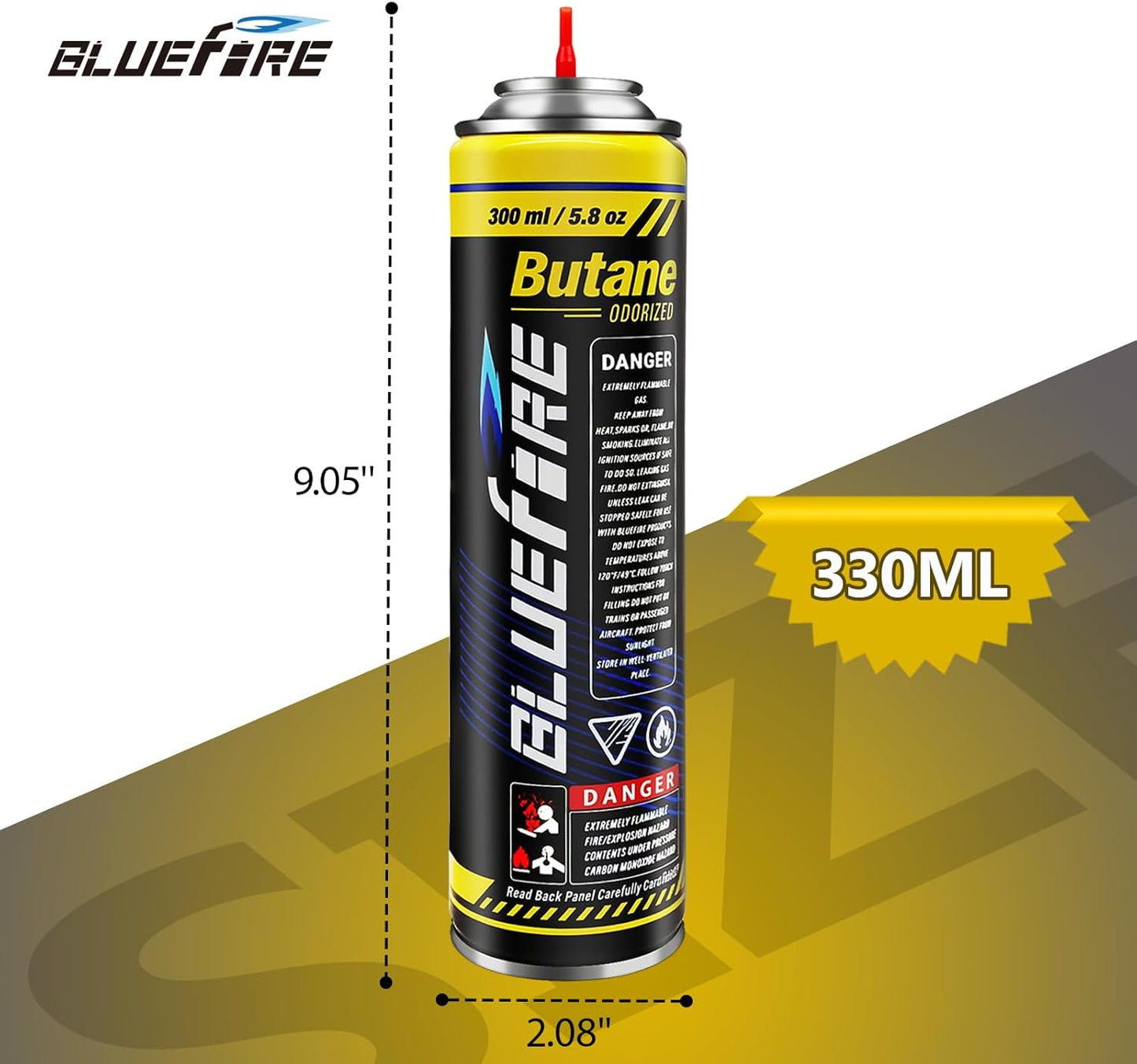 Bluefire Butane Fuel Refill 10.56 fl oz (300 ml) Canister with 5 Different Nozzle Adapters for Torch Lighter Butane Torch Kitchen Blow Torch