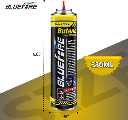 Bluefire Butane Fuel Refill 10.56 fl oz (300 ml) Canister with 5 Different Nozzle Adapters for Torch Lighter Butane Torch Kitchen Blow Torch