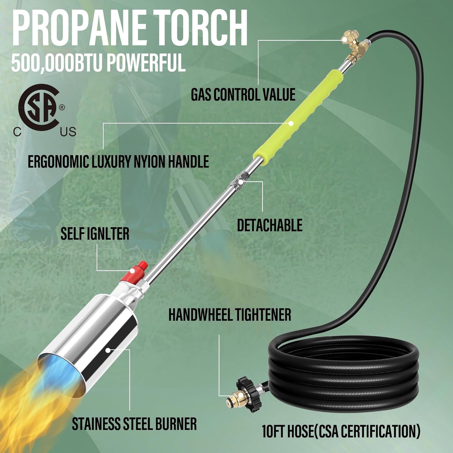 Propane Torch Weed Burner Kit, Blow Torch with 10FT Hose,High Output 500,000 BTU with Self Ignite, Flamethrower for Weeding, Garden Torch, Blowtorch, Ice Snow, Road Marking,Torch Propane