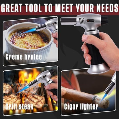 Butane Torch 10g Refillable Cooking Kitchen Torch Lighter Fit Butane Tanks Blow Torch with Safety Lock & Adjustable Flame for DIY Creme Brulee,Desserts and Baking(Butane Gas Not Included)