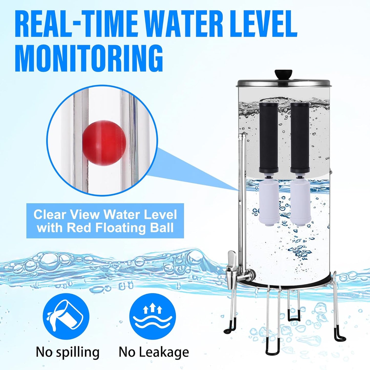 Gravity-Fed Water Filter System, 2.25 Gallon Stainless Steel Water Filtration System with 2 Black Carbon Filter and Stand for Home, Hiking and Camping Use