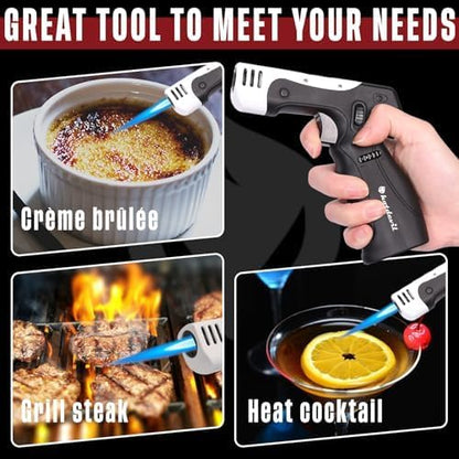 Butane Torch Lighter Gun 6g Refillable Tank Kitchen Blow Torch Lighter for Cooking with Adjustable Flame&Safety Lock Gun Hand Cooking Torch Lighter for BBQ Creme Brulee Baking Excluded Butane