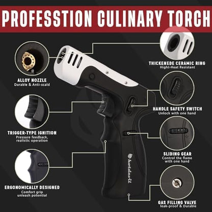 Butane Torch Lighter Gun 6g Refillable Tank Kitchen Blow Torch Lighter for Cooking with Adjustable Flame&Safety Lock Gun Hand Cooking Torch Lighter for BBQ Creme Brulee Baking Excluded Butane