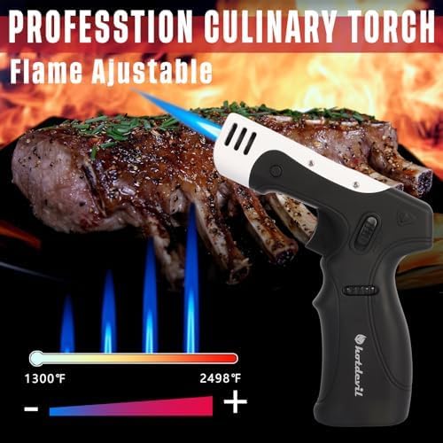 Butane Torch Lighter Gun 6g Refillable Tank Kitchen Blow Torch Lighter for Cooking with Adjustable Flame&Safety Lock Gun Hand Cooking Torch Lighter for BBQ Creme Brulee Baking Excluded Butane