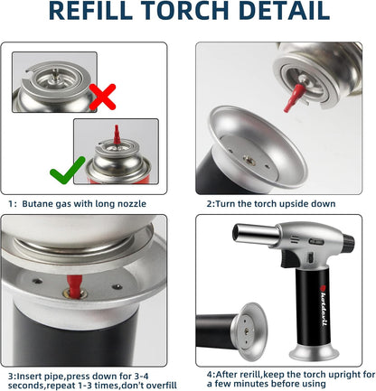 Butane Culinary Torch 6g Refillable Tank Cooking Kitchen Torch Lighter Fit All Butane Cartridge Blow Torch/w Safety Lock Adjustable Flame for BBQ Creme Brulee Dessert(Butane Gas Not Include)