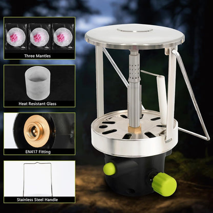 Camping Gas Lantern Outdoor Portable Camping Light Lantern Camping Lamp Isobutane Propane Tent Gas Lamp Adjustable Brightness Piezo Ignition 3 Mantles Included for Travel Hiking Emergency Use