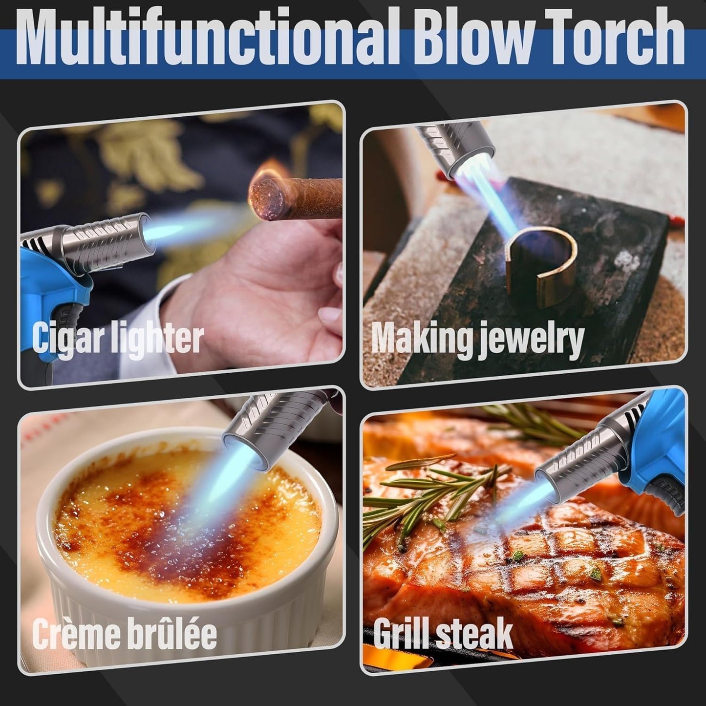 Butane Kitchen Torch 0-90°Rotating Angles 10g Refillable Cooking Torch Lighter Fit All Butane Cartridge Blow Torch with Safety Lock Adjustable Flame for Creme Brulee (Butane Gas Not Include)