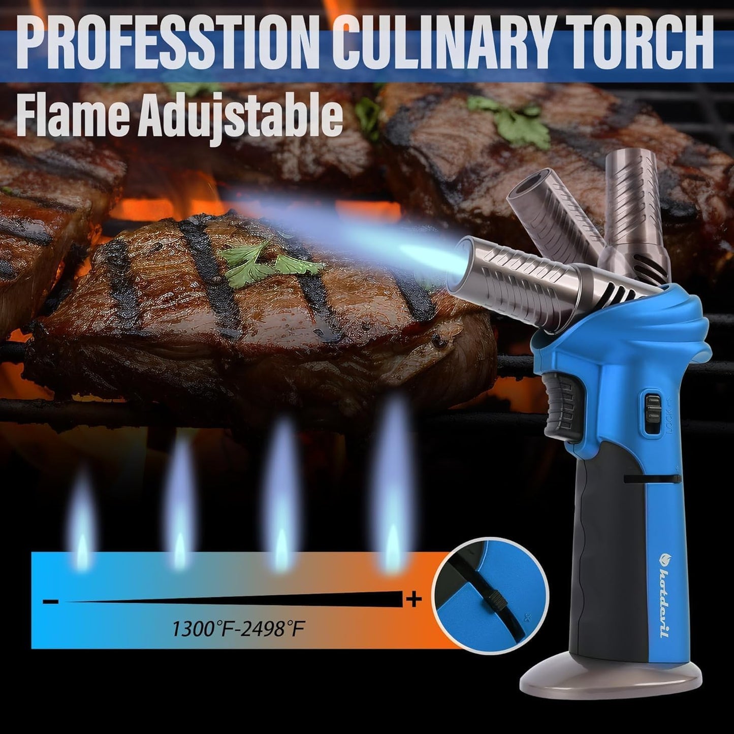 Butane Kitchen Torch 0-90°Rotating Angles 10g Refillable Cooking Torch Lighter Fit All Butane Cartridge Blow Torch with Safety Lock Adjustable Flame for Creme Brulee (Butane Gas Not Include)