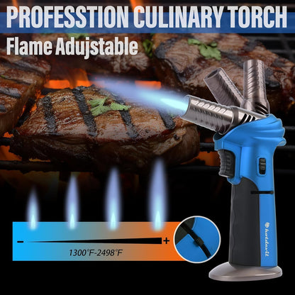 Butane Kitchen Torch 0-90°Rotating Angles 10g Refillable Cooking Torch Lighter Fit All Butane Cartridge Blow Torch with Safety Lock Adjustable Flame for Creme Brulee (Butane Gas Not Include)