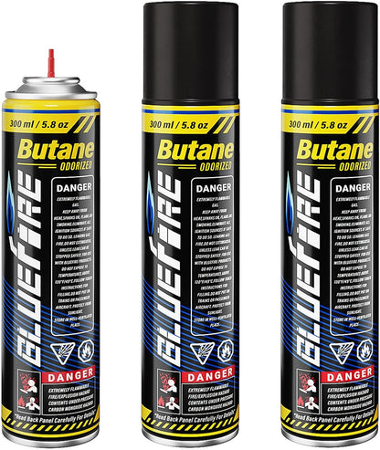 Bluefire Butane Fuel Refill 10.56 fl oz (300 ml) Canister with 5 Different Nozzle Adapters for Torch Lighter Butane Torch Kitchen Blow Torch