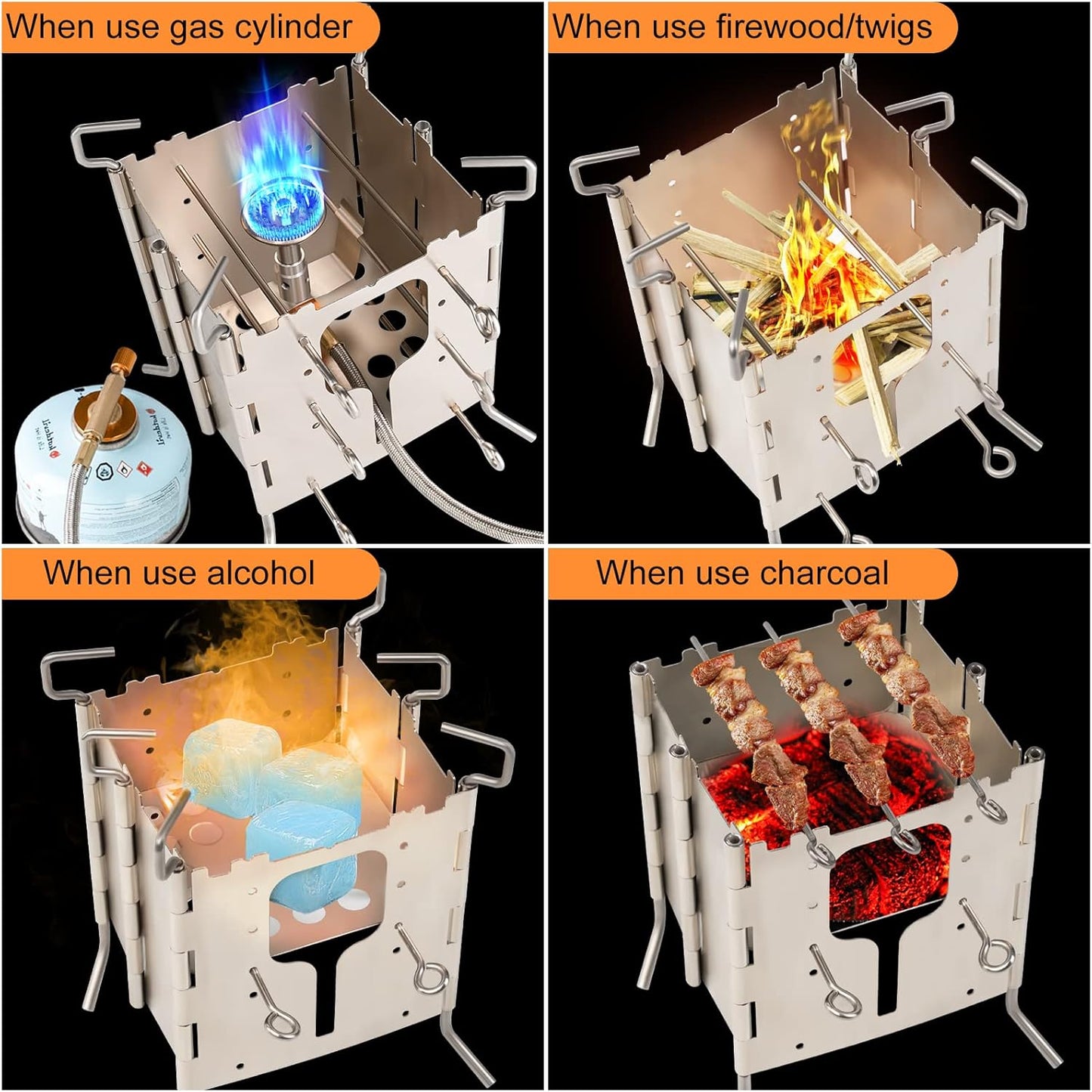 Camping Solo Stove Stainless ALL-Fuel Folding Backpacking Stove Single Burner Fire Pit Portable Butane Fuel Stoves on Propane Gas Ethanol Wood Charcoal for Outdoor Cooking Boil Survival Kit