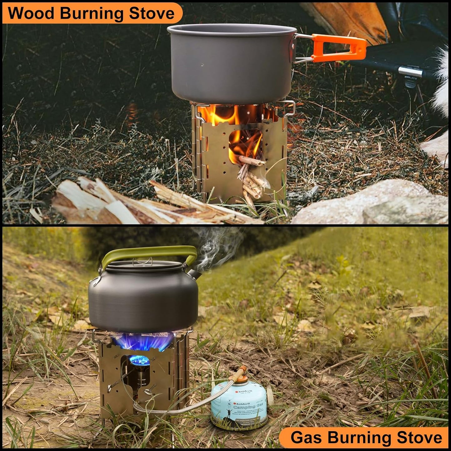 Camping Solo Stove Stainless ALL-Fuel Folding Backpacking Stove Single Burner Fire Pit Portable Butane Fuel Stoves on Propane Gas Ethanol Wood Charcoal for Outdoor Cooking Boil Survival Kit