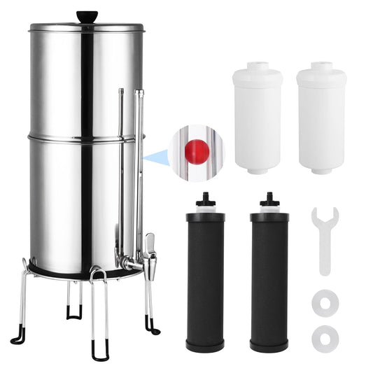 Gravity-Fed Water Filter System 2.25 Gallon Stainless Steel Water Filtration System with 2 Black Carbon Filter, 2 White Fluoride Filters and Stand for for Home, Hiking and Camping Use